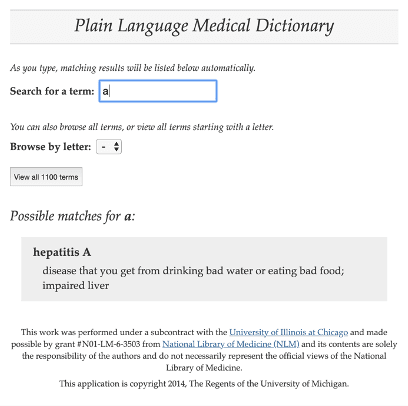 Legacy Plain Language Medical Dictionary interface from the 2011 version